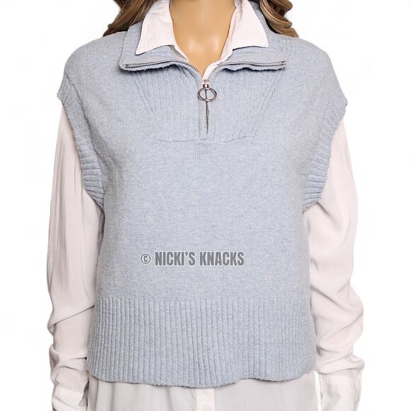 Pink Rose Light Blue Quarter Zip Sweater Vest Ribbed Collar Knit Top Size M - Picture 3 of 15